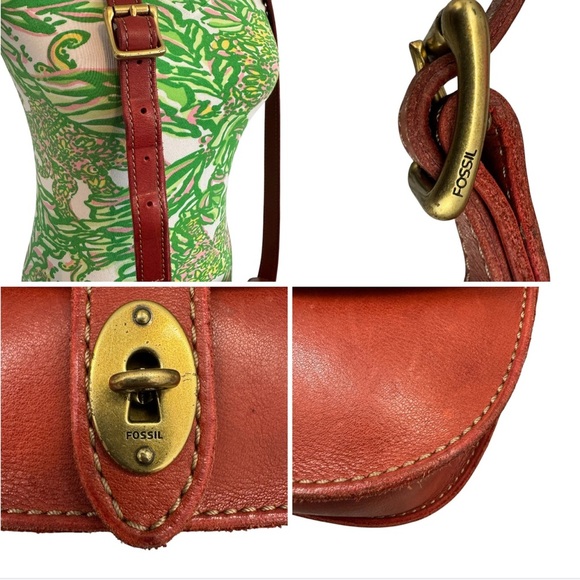 Fossil Austin Leather Salmon Flap Front Twist Turnlock Cossbody with Red Wallet - Picture 5 of 12